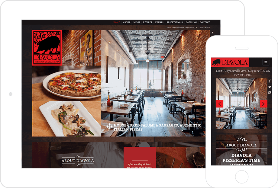 screenshot of Diavola Pizzeria and Salumeria website on desktop platform