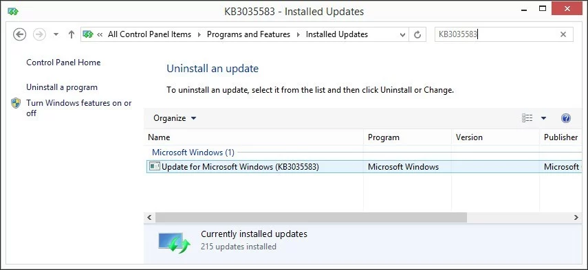 Uninstall Windows 10 Update KB3035583
