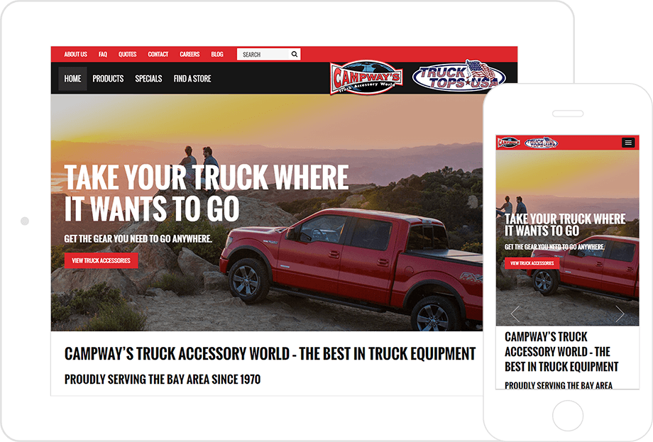 screenshot of Campway's Truck Accessory World website both on desktop and mobile platforms