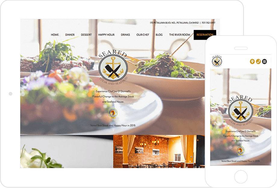screenshot of Seared Petaluma website both on desktop and mobile platforms