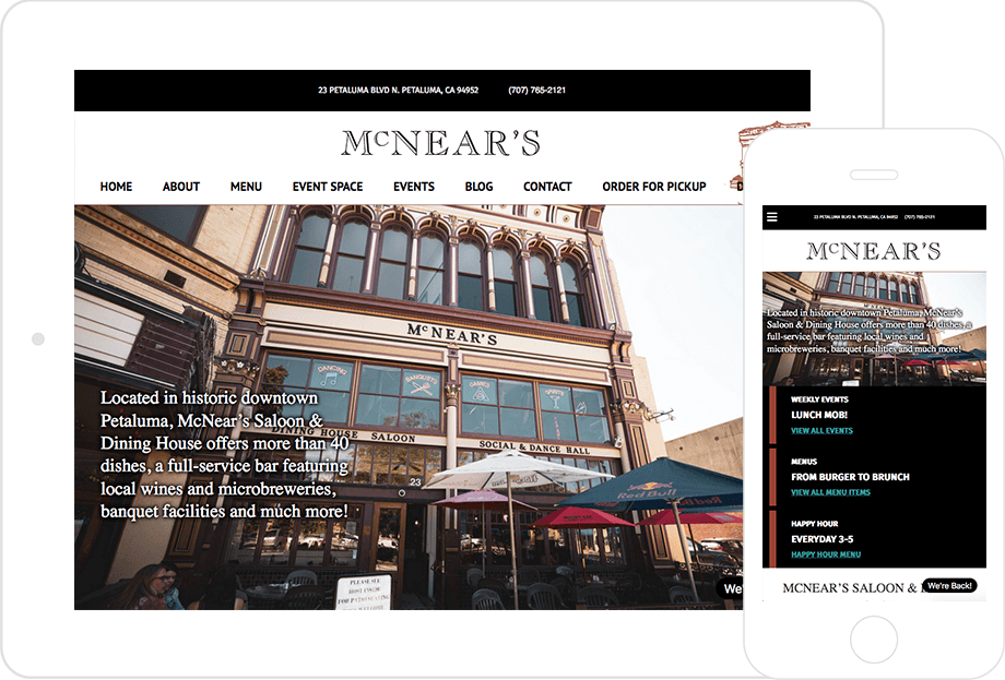 screenshot of McNear's Saloon and Dining Hall website both on desktop and mobile platforms