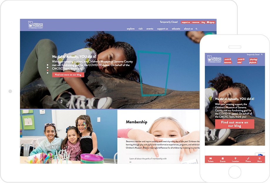 screenshot of Children's Museum of Sonoma County website both on desktop and mobile platforms