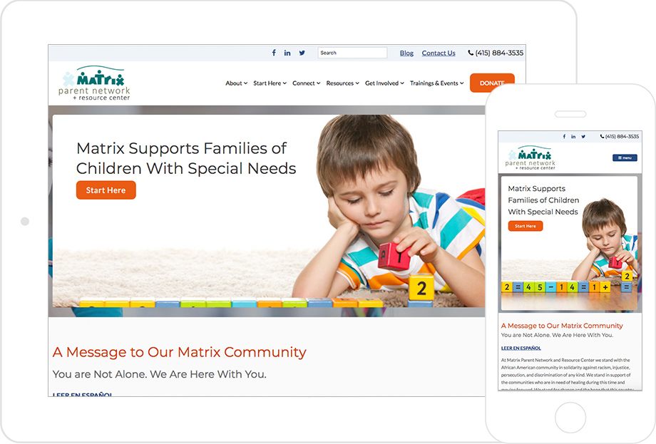 screenshot of Matrix Parent Network and Resource Center website both on desktop and mobile platforms