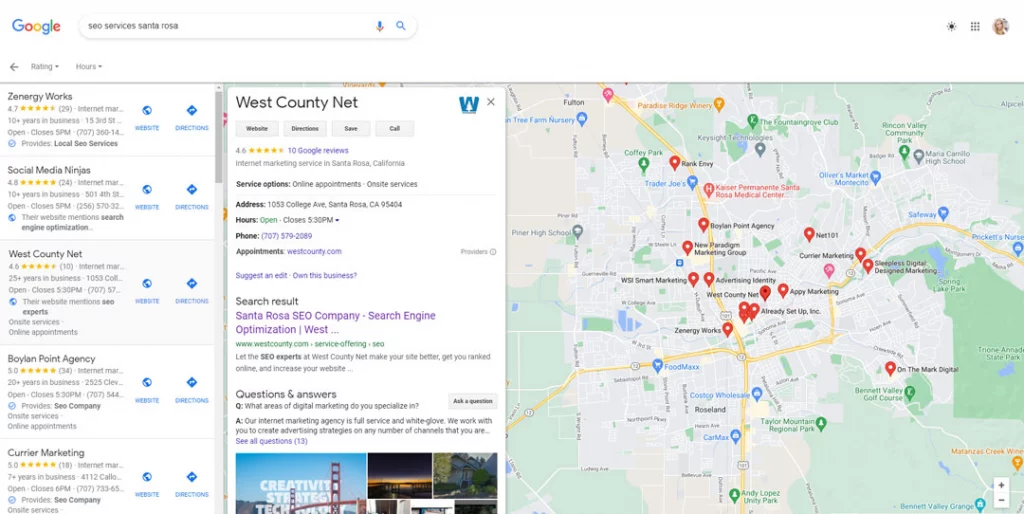 Google Search map featuring West County Net's Google My Business Profile