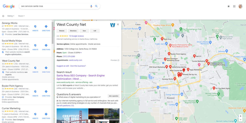 Google Search map featuring West County Net's Google My Business Profile