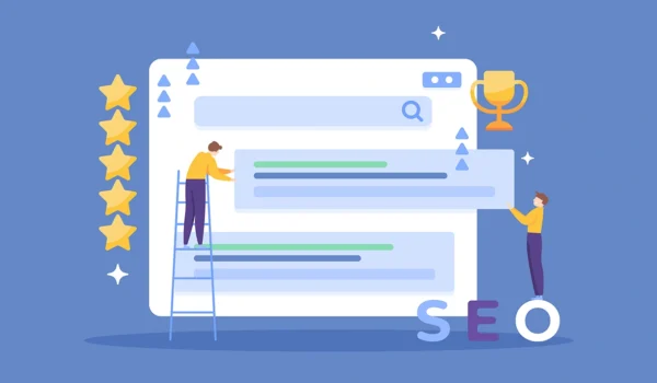 SEO Ranking Factors concept. Flat design vector illustration with light blue background and two illustrated people moving search engine results up to rank higher on giant computer screen.