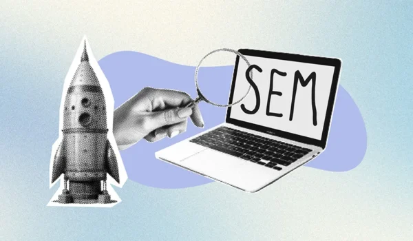 a blue background with a cut out image of a laptop and a rocket, showing the concept of how search engine marketing (SEM) can help businesses grow