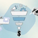 a blue background with cut out images of a hand holding a smartphone, a funnel, and a typewriter showing the concept of the content marketing funnel