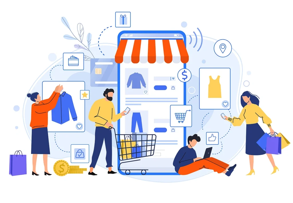 Illustration of people shopping online, showing the concept of the importance of good user experience in ecommerce SEO