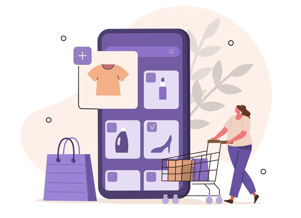 Flat design vector illustration with white background and an illustrated person pushing a shopping cart next to a smartphone with products for sale listed, demonstrating the concept of online shopping and ecommerce SEO.