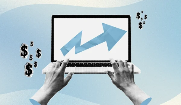 a blue background with a cut out image of a laptop and money signs showing the concept of how ecommerce SEO can help businesses grow