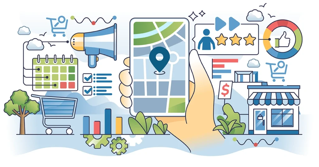 Flat vector illustration, search engine SEM marketing strategies with store ads outline hands concept