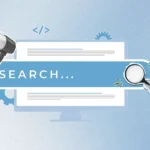 A collage style illustration of a megaphone and hand point holding a magnifying glass over a search engine search bar with text that reads: "SEARCH..."