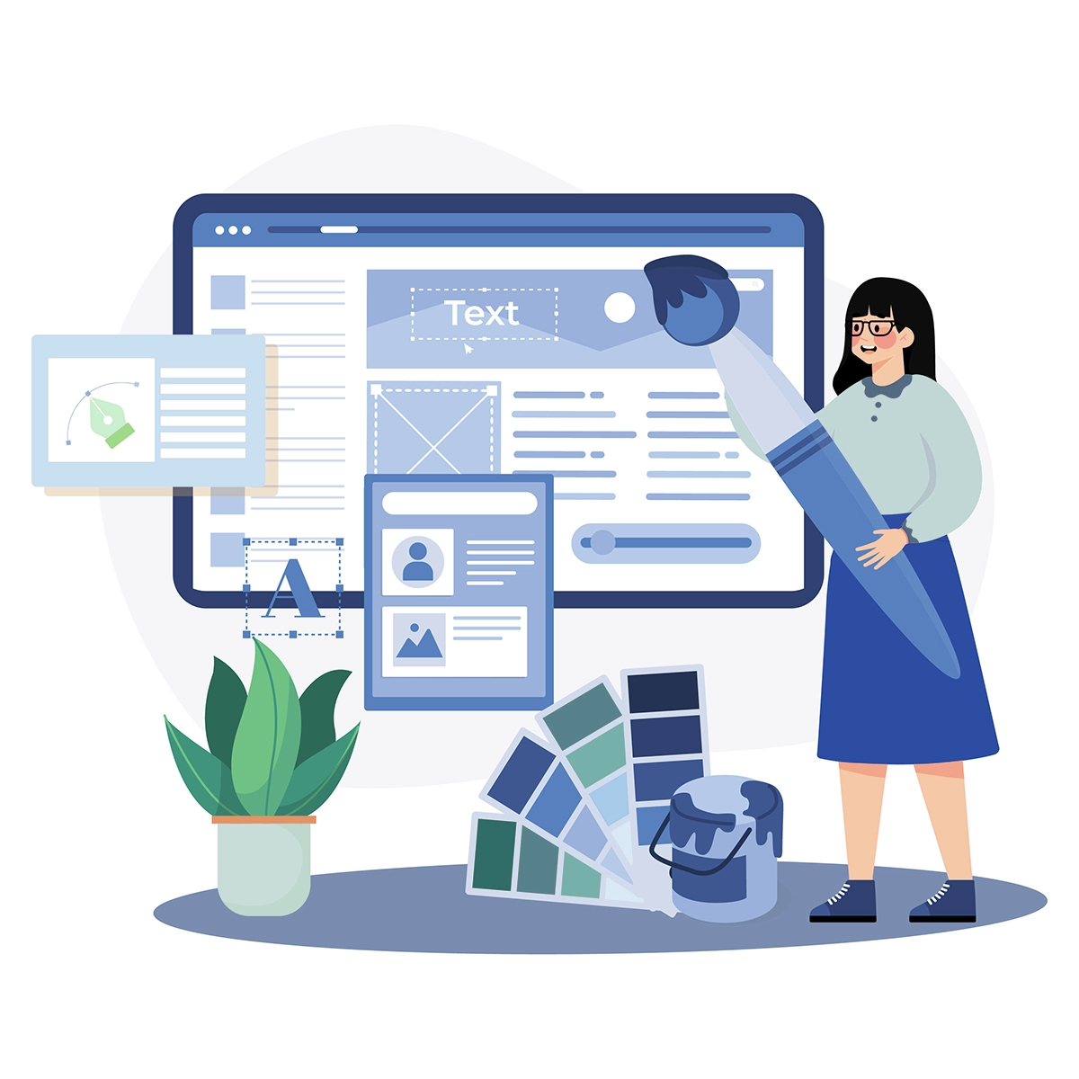 A cartoon style illustration of a web designer standing next to a computer screen holding a paint brush, showing the concept of user experience (UX) in web design