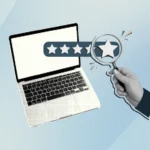 A collage style illustration of a laptop with a hand holding a magnifying glass up to a star rating, showing the concept of user experience (UX)