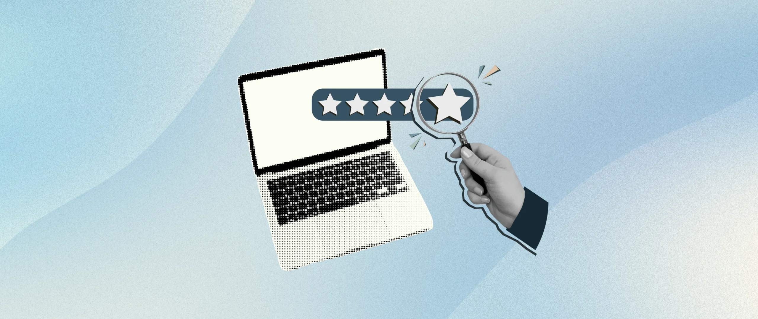 A collage style illustration of a laptop with a hand holding a magnifying glass up to a star rating, showing the concept of user experience (UX)