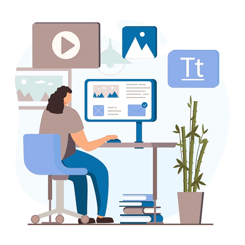 A pastel illustration of someone sitting at a computer, showing the concept of user experience (UX) in web design