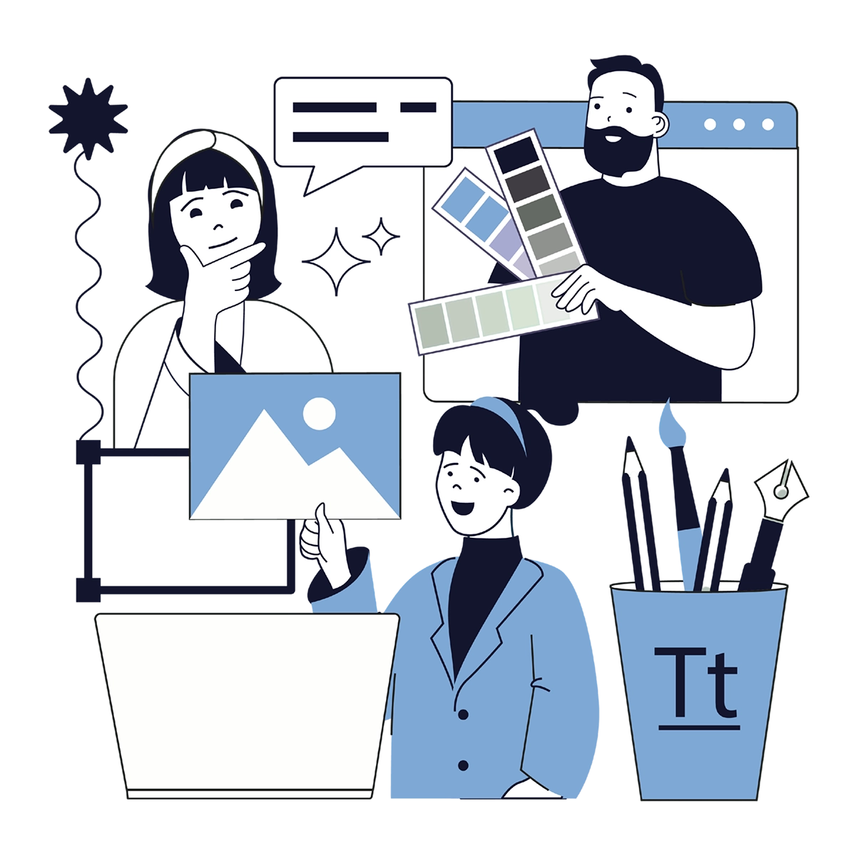 A blue and white illustration of a team of web designers, showing the concept of user experience (UX) design
