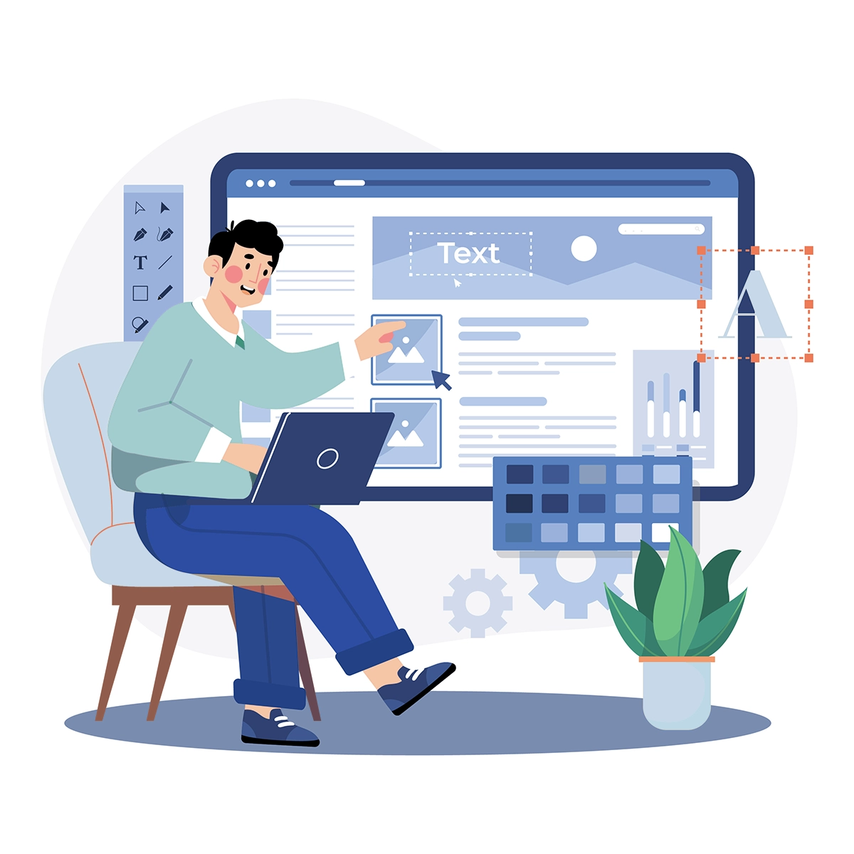 A cartoon style illustration of a person in a light green sweater sitting at a computer, showing the concept of UX design