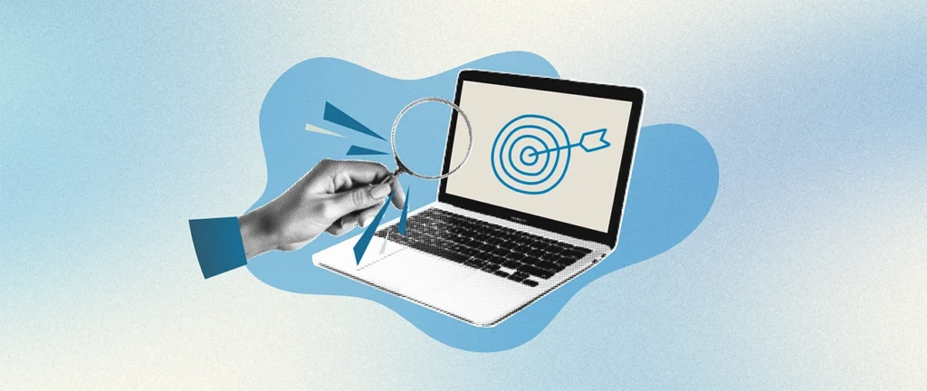 A collage style illustration of a laptop with a bullseye on it, showing the concept of retargeting ads in marketing