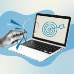 A collage style illustration of a laptop with a bullseye on it, showing the concept of retargeting ads in marketing