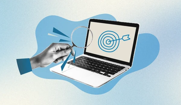A collage style illustration of a laptop with a bullseye on it, showing the concept of retargeting ads in marketing
