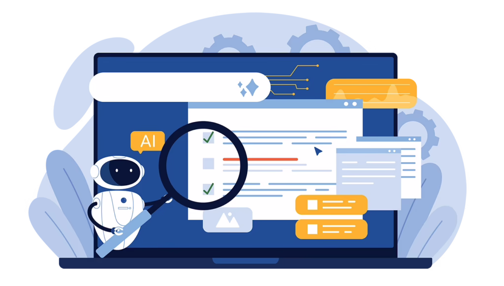 A vector illustration of an AI robot holding a magnifying glass up to search engine results on a laptop screen, enhancing content visibility and SEO strategies for digital platforms