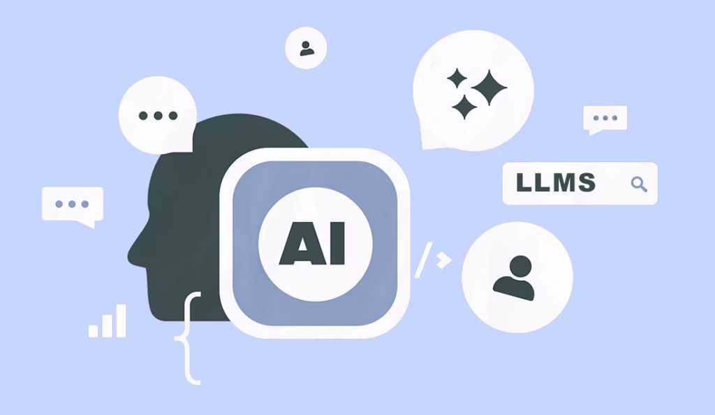 A vector illustration of various AI and LLM icons on a light purple background 