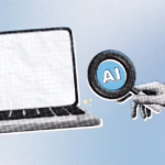 A collage style illustration of a laptop computer and hand holding out a magnifying glass with the word "AI" in the middle of it showing the concept of visibility and ranking in AI Search and LLMs
