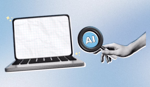 A collage style illustration of a laptop computer and hand holding out a magnifying glass with the word "AI" in the middle of it showing the concept of visibility and ranking in AI Search and LLMs