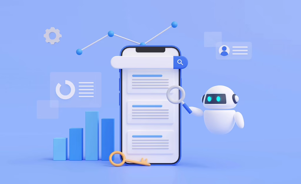 3D vector illustration of an AI web bot holding a magnifying glass up to search engine results on a smartphone screen, showing the concept of how to rank in AI Search and LLMs